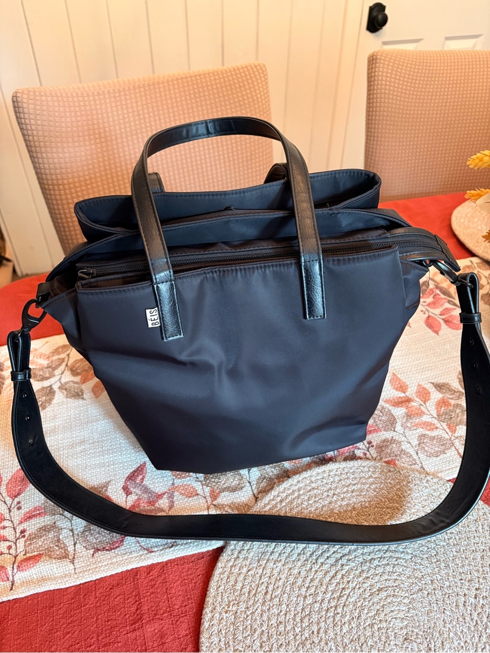 Beis Black Nylon Tote Bag with dual shoulder straps and Crossbody Strap